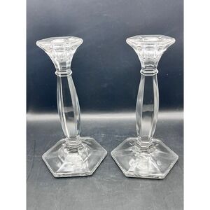 Vtg Tall Pillar Pedestal Clear Glass‎ Candle Holders-8.5' Tall Set of 2 Decor